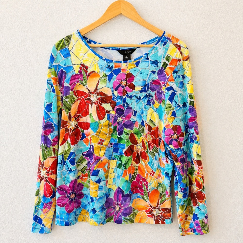 Ali Miles Floral Mosaic Print Knit Top Womens Plus 1X Blue Multicolor